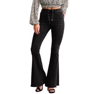 Flying Monkey Sz 26 High Rise Bell Bottom Flare Lace Up Front Black Wash Jeans